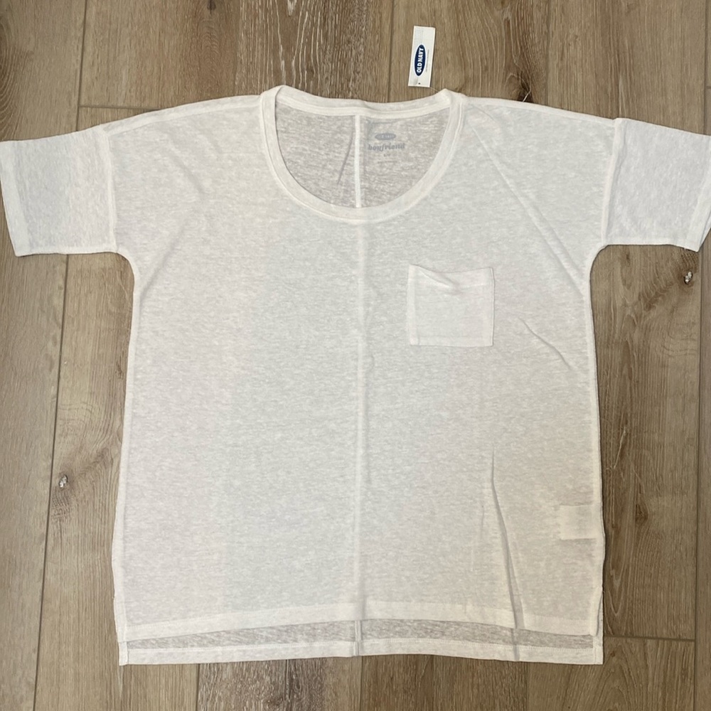 New Old Navy linen blend white boyfriend crew calla pocket tee shirt Size Small